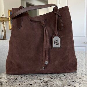 Ralph Lauren Chocolate Brown Suede Drawstring Tote Bag